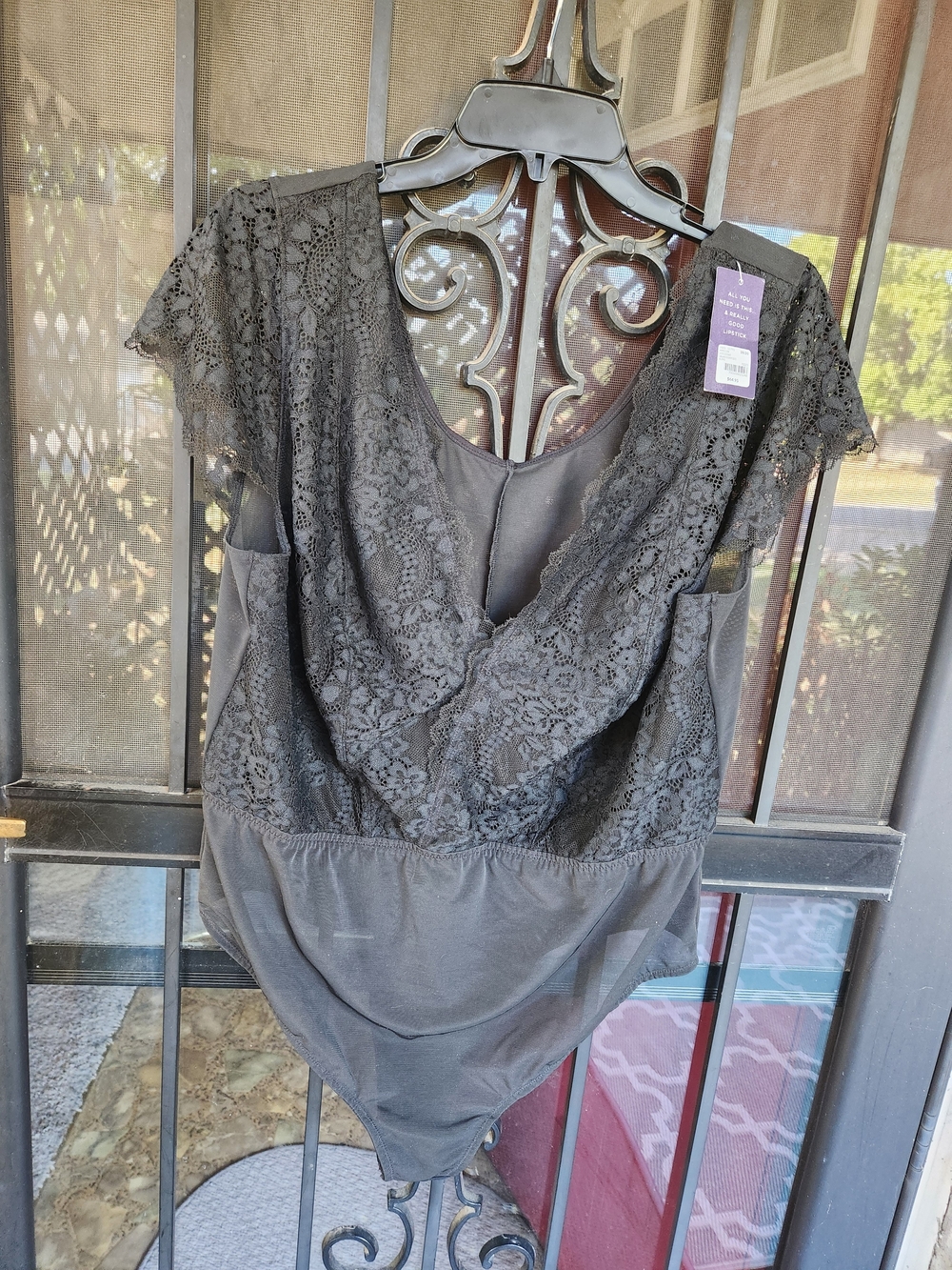 Cacique Black Lace V-Neck Flutter Sleeve Bodysuit